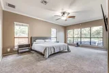 Primary bedroom with king bed and large windows overlooking the yard
