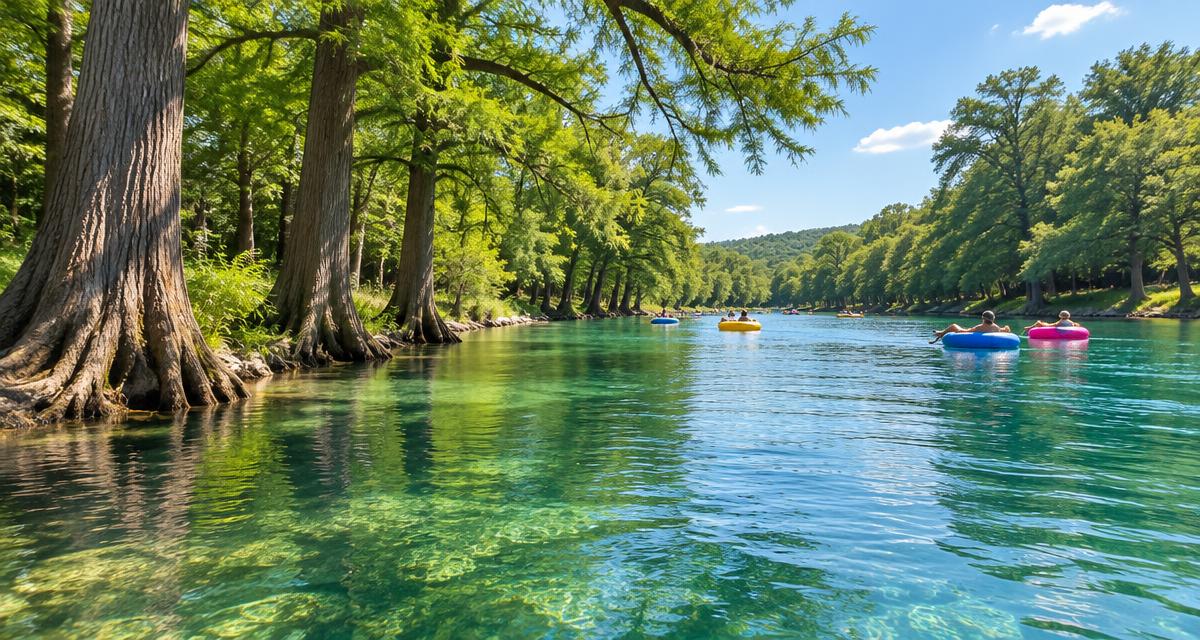 Cypress trees along a clear green river with people floating on tubes